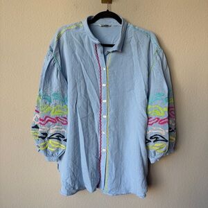 John Mark Light Blue Embroidered Sleeve Blouse Size M